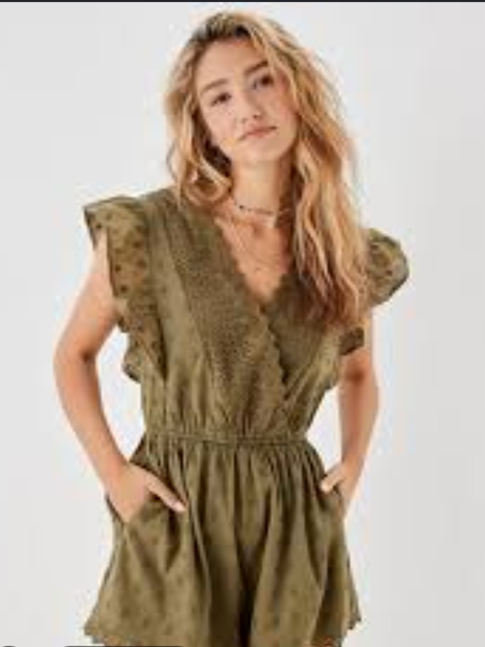 American Eagle Outfitters Olive Green Eyelet Romper
